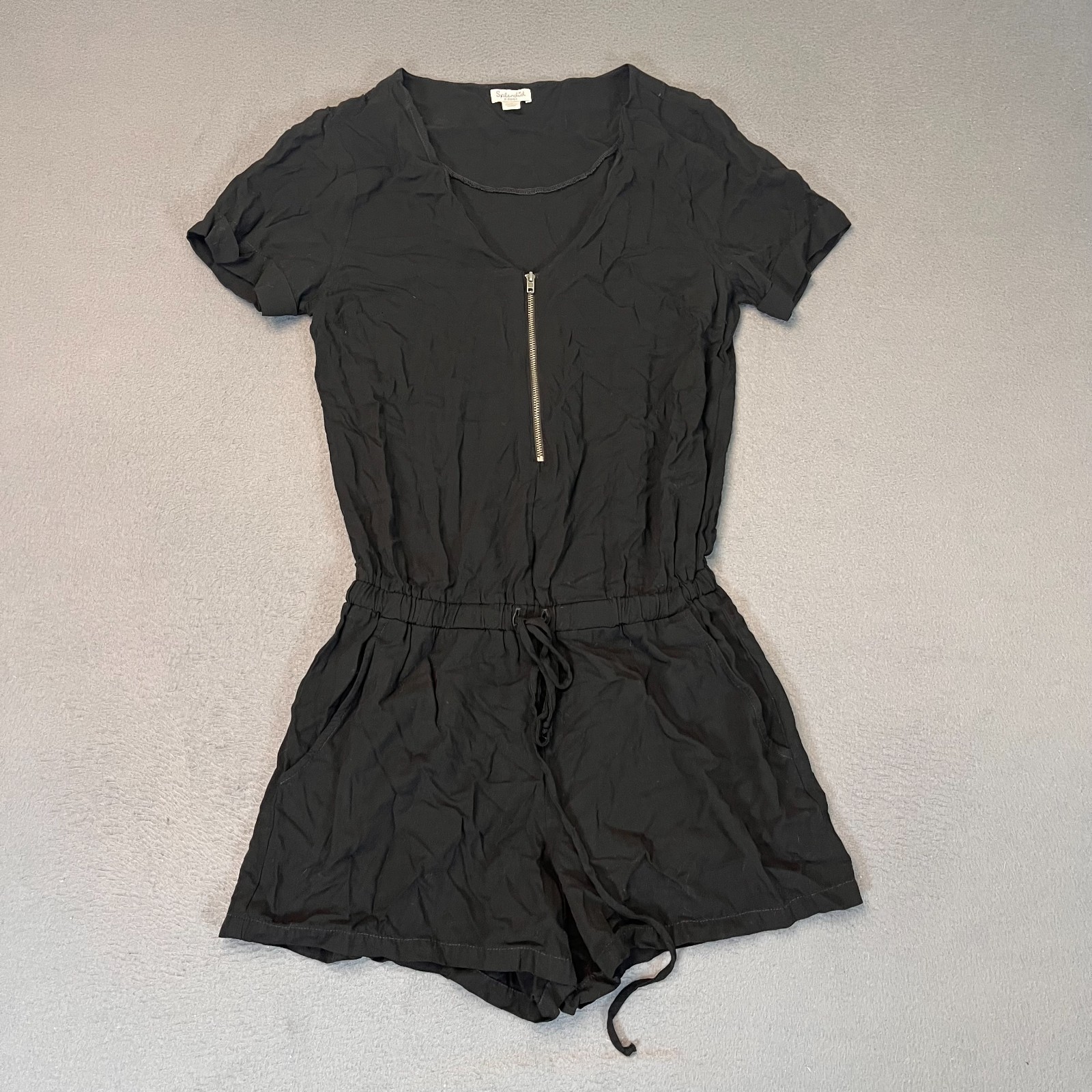 Splendid Womens XS Black Ruched Romper Zip Up Short Sleeve One Piece Tie Waist