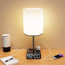 BTU Table Lamp with USB Ports and AC Power Outlets, Bedside Lamp with Alarm C...