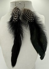 Boho Feather Earrings Black Guinea Feather Dangle Long Tribal Statement