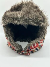 Swiss Tech warm hat w/ faux fur geometric pattern blue/red/brown unisex