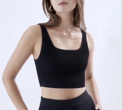 Aritzia Babaton Sculpted Knit Cropped Tank Top M Black Square Neck Stretch