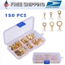 150X Insulated Crimp Copper Ring Terminals Wire Connectors Spade Electrical Kit