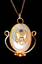 VINTAGE GOLD FILLED ENAMEL AMERICAN EAGLE - AGATE SWEETHEART PENDANT AND CHAIN -
