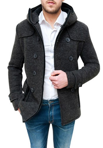 Cappotto giacca uomo casual nero invernale doppiopetto slim fit giubbotto trench - Photo 3/4