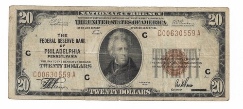 1929 $20 National Currency Federal Reserve Bank of Philadelphia