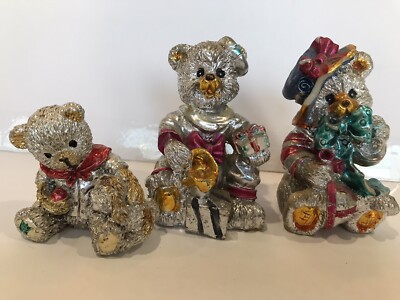 bear family christmas lot of 3 holding presents 2 ''& 3 ''silver tone figurines