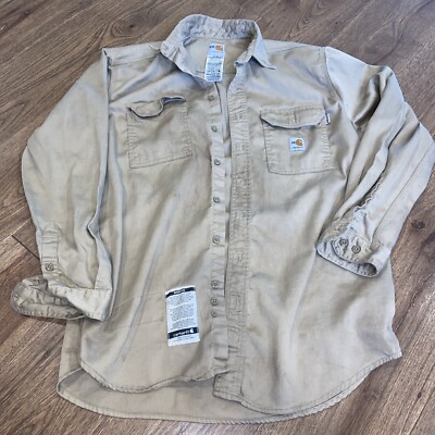 Carhartt FR  XL Shirt Tan Work Wear Utility Chore Distressed HRC 2 APTV 8.7