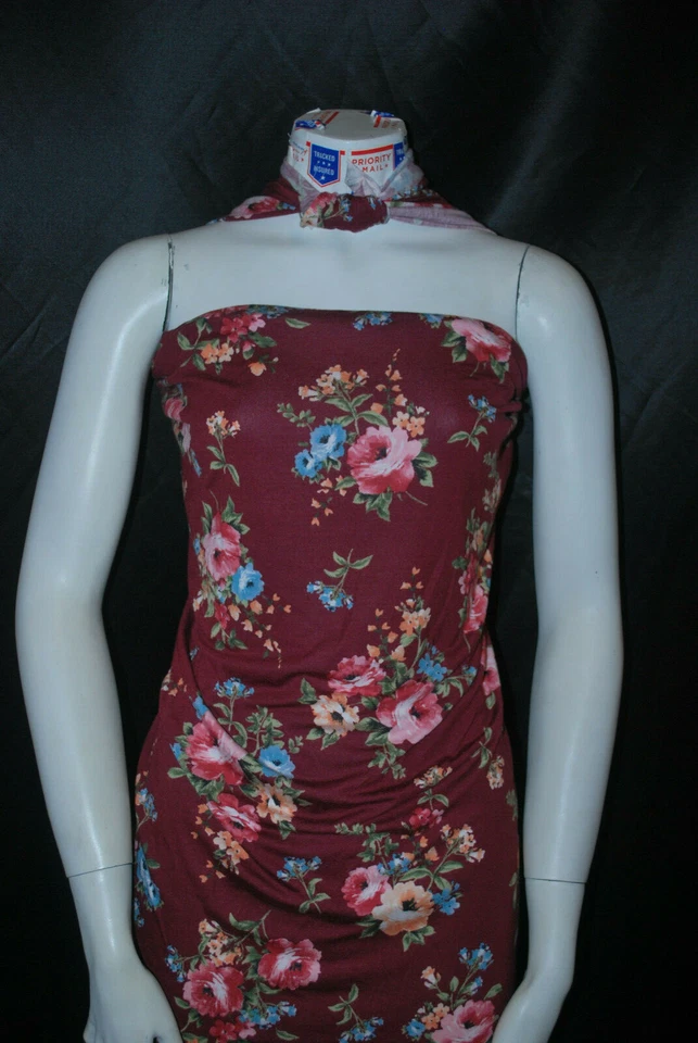 Hermosa tela de punto elástica de rayón floral granate/rosa/aqua/verde 9 oz Foto 4 de 4