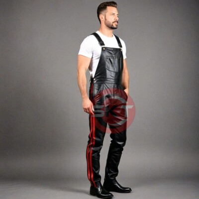 Men's Genuine Soft Black Leather Bib Overall Dungaree Jumpsuit