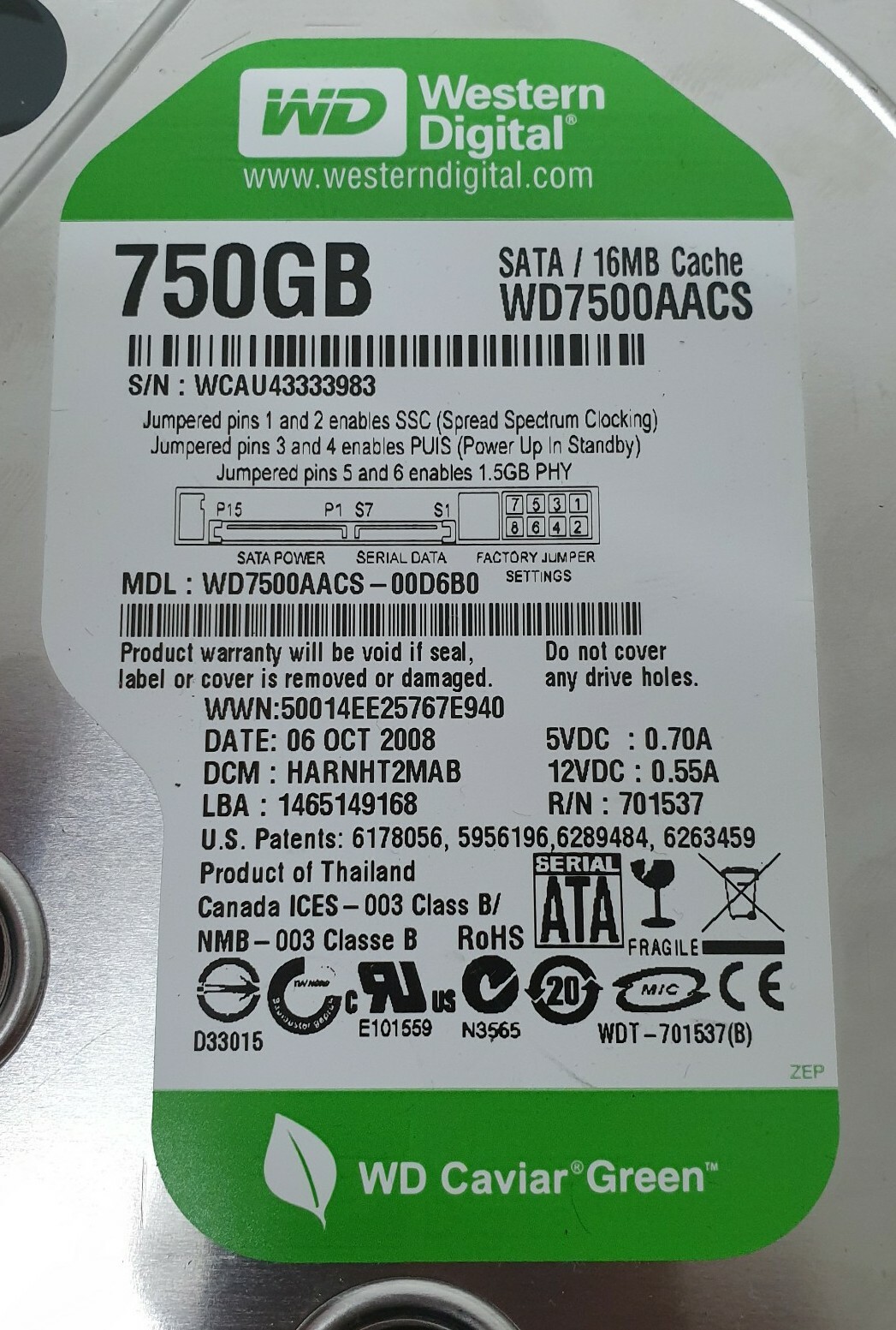 Western Digital WD7500AACS-00D6B0 DCM HARNHT2MAB 750gb 3.5" Sata Hard ...