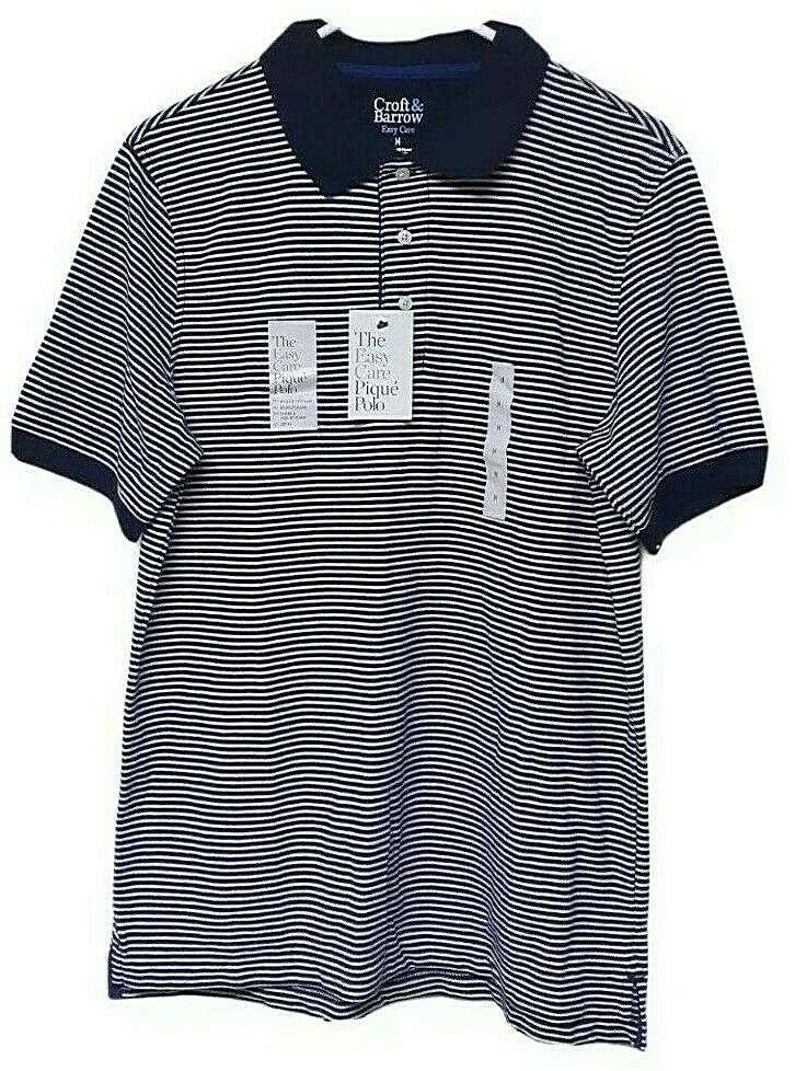 CROFT & BARROW Polo Mens Navy Striped Wrinkle Resistant