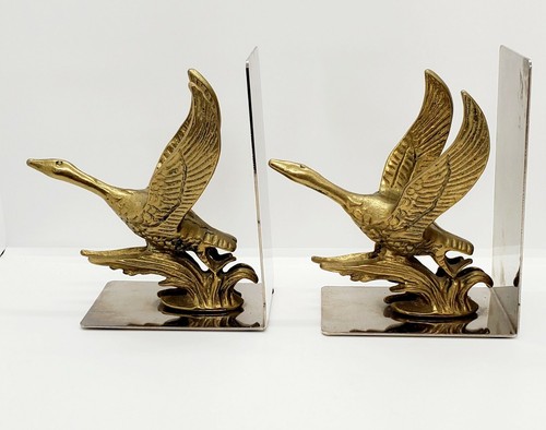Vintage Solid Brass Flying Geese Bookends on Silver Steel Stands Uncommon - Picture 3 of 12