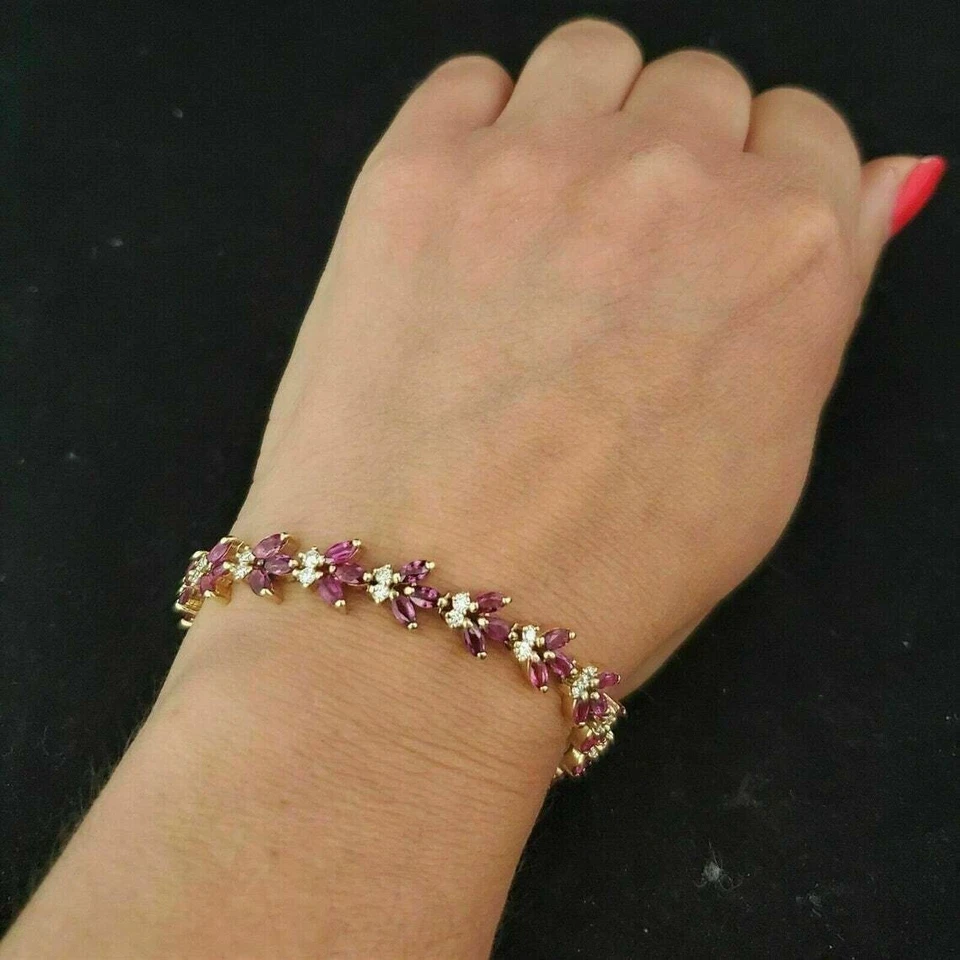 12,40 Ct Marquise Cut Simulierte Rosa Saphir Tennisarmband 14K Gelb - Bild 2 von 4