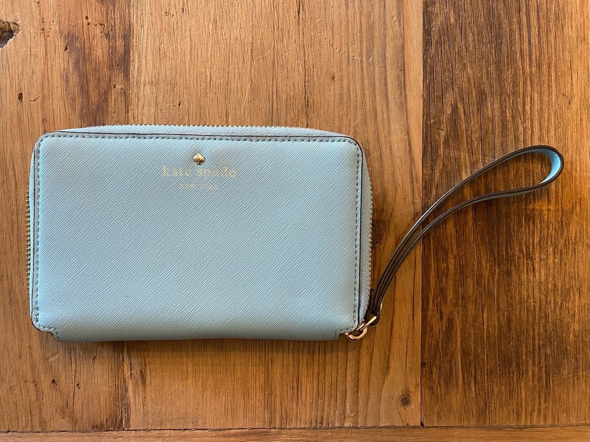 KATE SPADE LIGHT BLUE LEATHER BI-FOLD ZIP AROUND WALLET WRISTLET