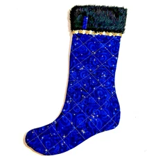 Christmas Stocking Blue Gold Glitter Constellations Sequin Embellished Satin Fur