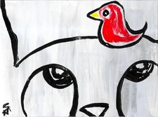 Aceo Print Black Cat Painting Kitten Bird Collectible Folk Art Samantha McLean