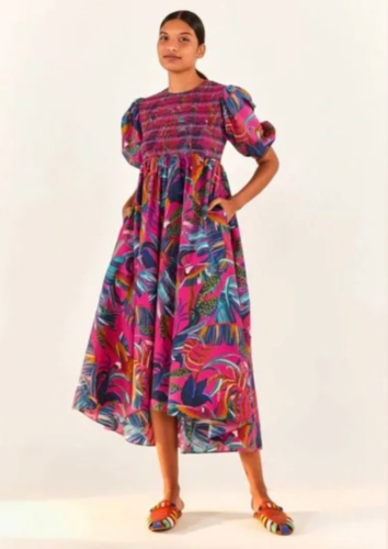 Farm Rio NWT Rainbow Macaws Purple Puff Sleeve Smocked Midi Dress Women's size M