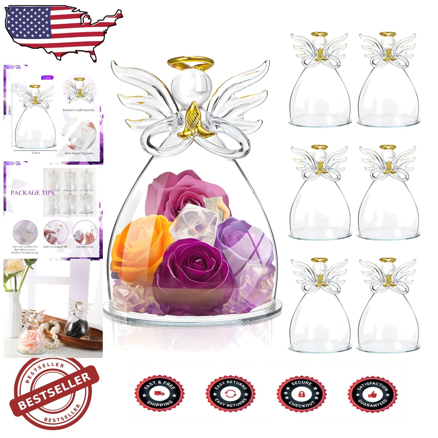 Set of 6 Elegant Angel Cloche Domes - Perfect for Flower Displays and Gifts
