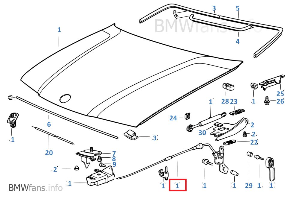 New BMW E36 316i, 318i, 320i, 323i, 328i Engine Hood Release Cable