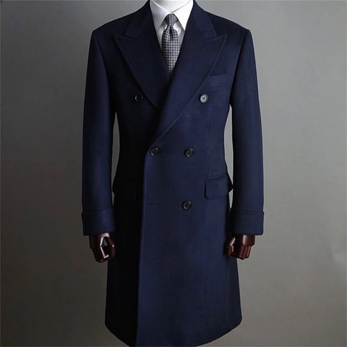 Men's Woolen Overcoat Leisure Double Breasted Tuxedos Peak Lapel Long Jackets - Picture 13 of 17
