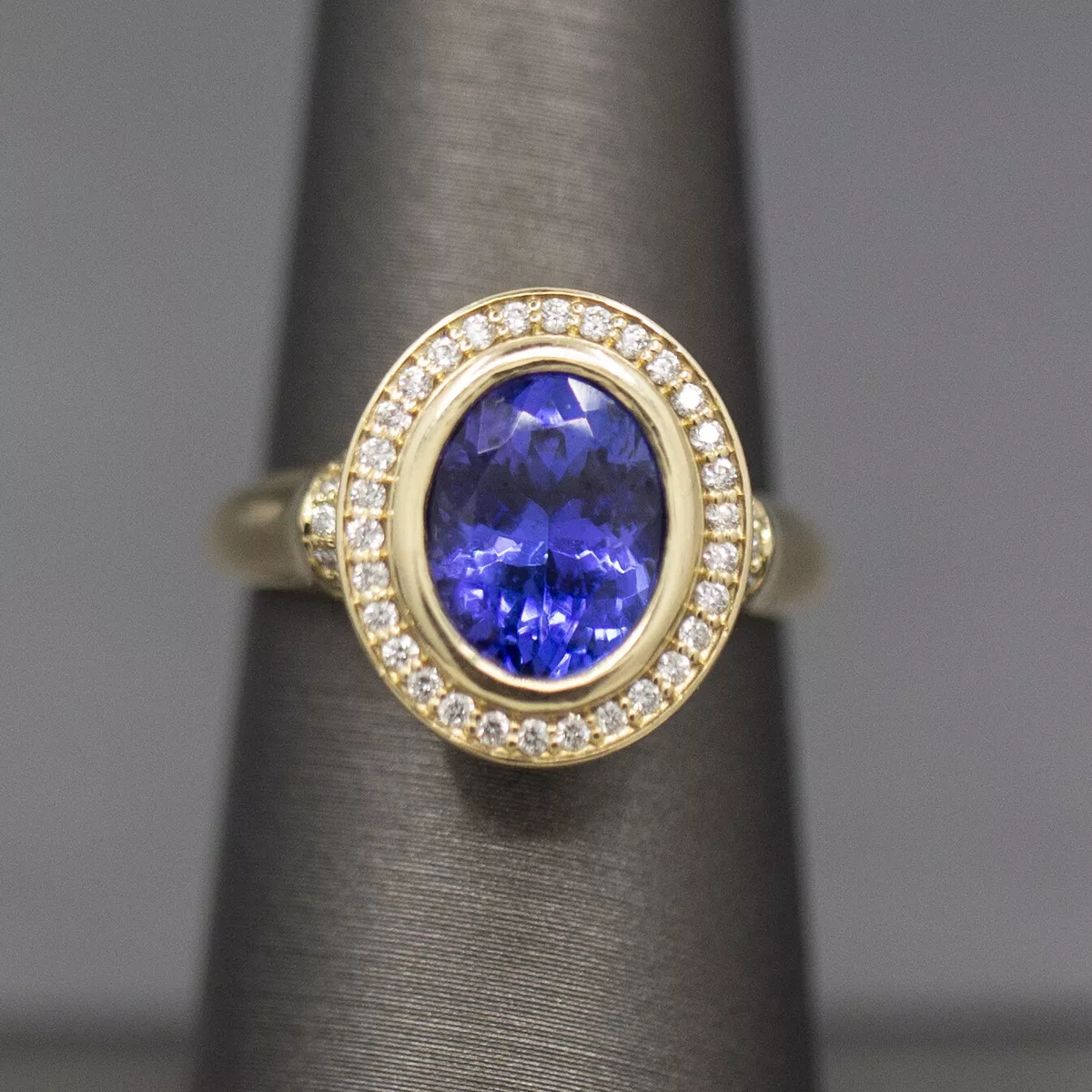 Handcrafted Bold Bezel Set Tanzanite and Diamond Ring in 14k