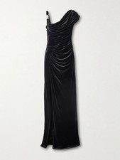VERSACE Medusa '95 Draped Gown in Black Velvet front-slip maxi Dress IT46/US10