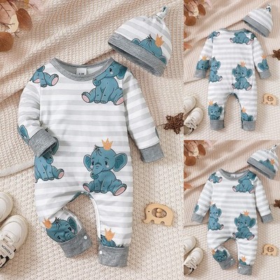 Newborn Baby Boys Girls Striped Animal Romper Jumpsuit Hat Outfit Clothes Set