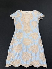 Storia Dress Women Medium Blue Beige Floral Lace Bodycon Mini Formal Mesh Deep V