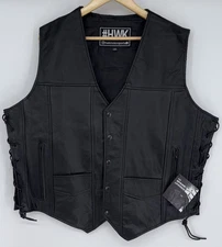 HWK Leather Motorcycle Vest with Concealed Carry Gun Pocket, 2XL. Black
