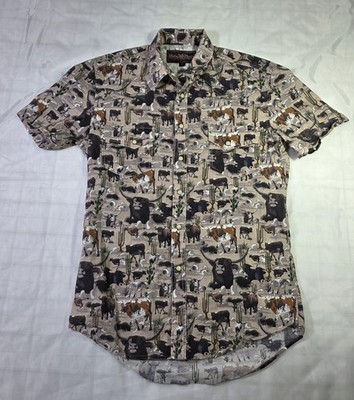 Rock & Roll Denim Shirt Men Small Tan Western Snaps Cotton  Bulls Steers