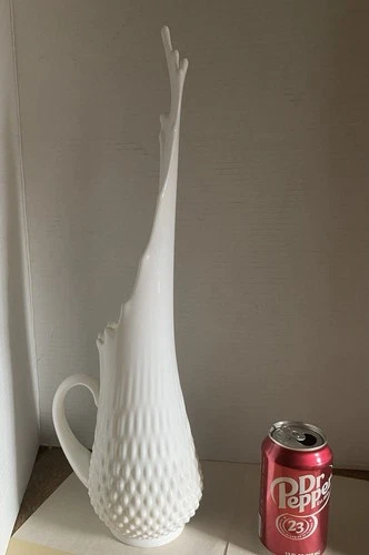 Vintage Fenton Milk Glass Stretch Hobnail Pitcher  With Handle 19.5” Tall