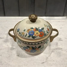 1983 Kamenstein Dutch Oven Enamelware Cookware Pot 2 Quart w Lid Brass Handles