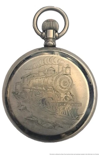 Antique Railroad Motif Large Mens Pocket Watch 59 mm Waltham Massachusetts
