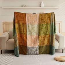 Image of Check Herringbone Multicoloured Cotton Tasselled Throw Blanket for 2 3 4Sofa
