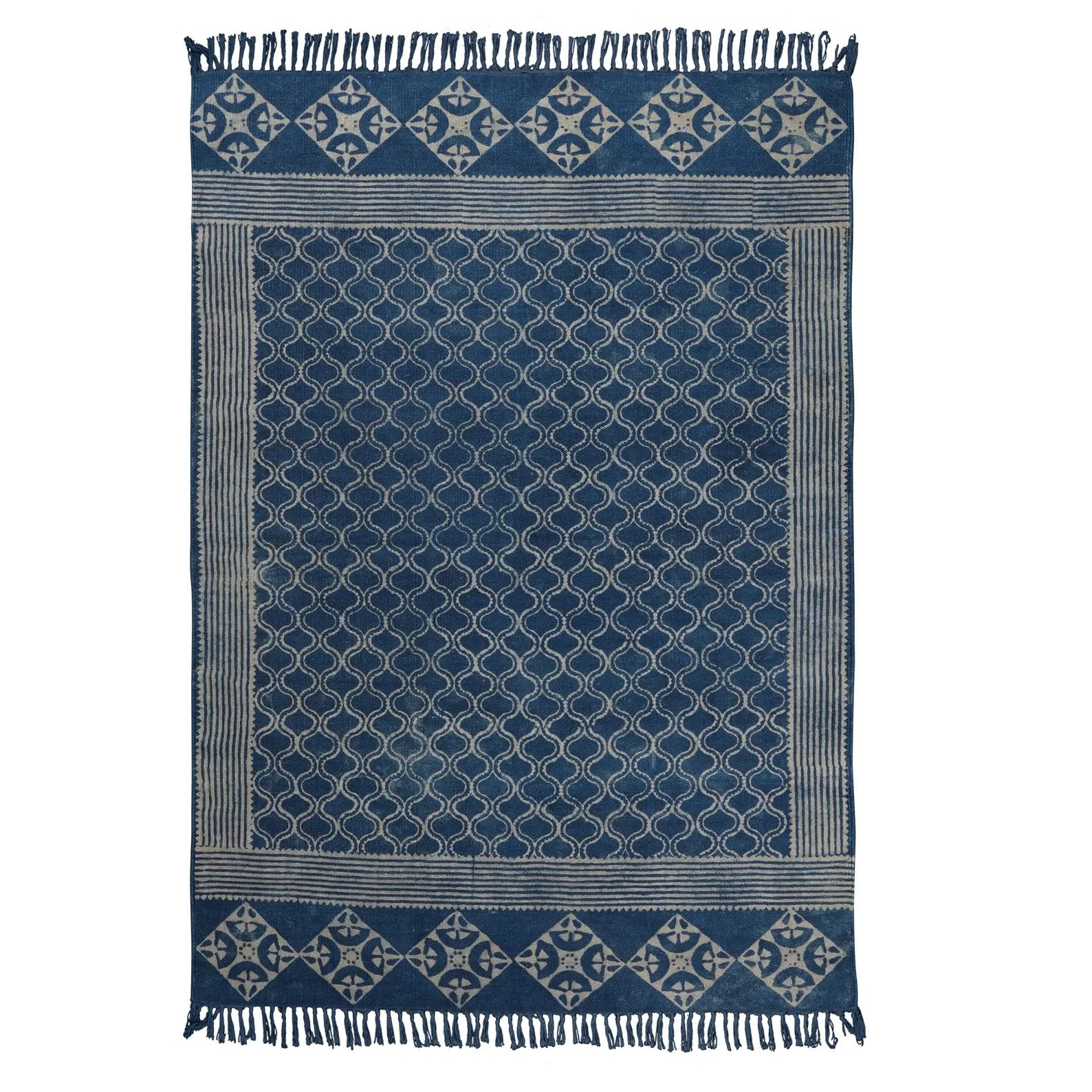 Handwoven Cotton Dhurrie Rug Color Indigo Blue Design Handmade Carpet Rug