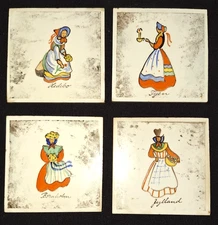LOT OF 4 VTG S CHRISTIAN HAND PAINTED DANISH FOLK ART TILE COASTER SET - DENMARK