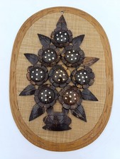 Tableau mural vintage fleurs bois sculpté exotique années 60 70 déco bohème