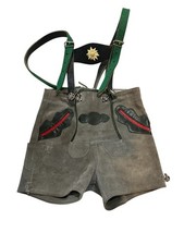 VTG German Lederhosen Green Grey Suede Leather Adjustable Straps Child Small