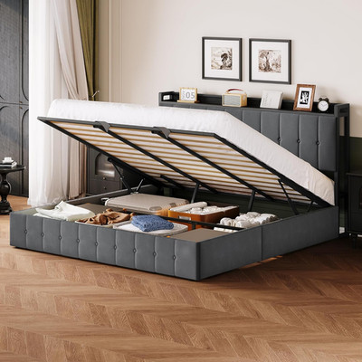 King Size Velvet Lift-Up Storage Bed Frame with Headboard - Grey