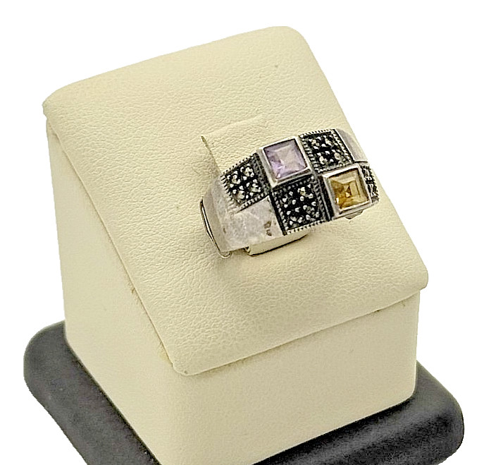 925 Sterling Silver Marcasite Citrine & Amethyst Ring - Size 5.75