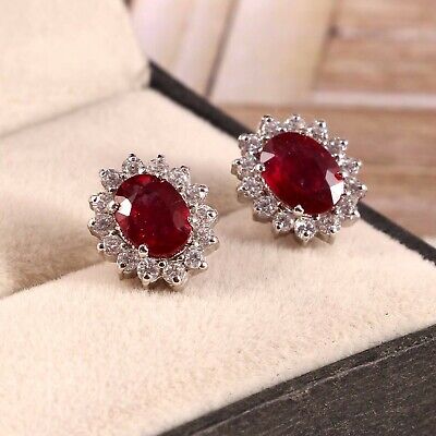 Ladies Art Deco Halo Design 925 Sterling Silver Ruby & White Sapphire Earrings