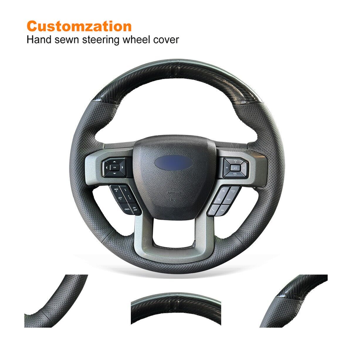 Hand-sewn Real Leather Carbon Fiber Steering Wheel Cover for Ford F-150 Raptor