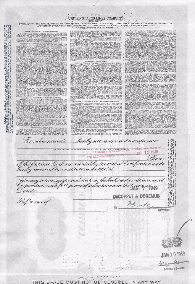 1949 UNITED STATES LINES COMPANY * AZIONE DOC USA ORIGINALE  * - Immagine 2 di 3