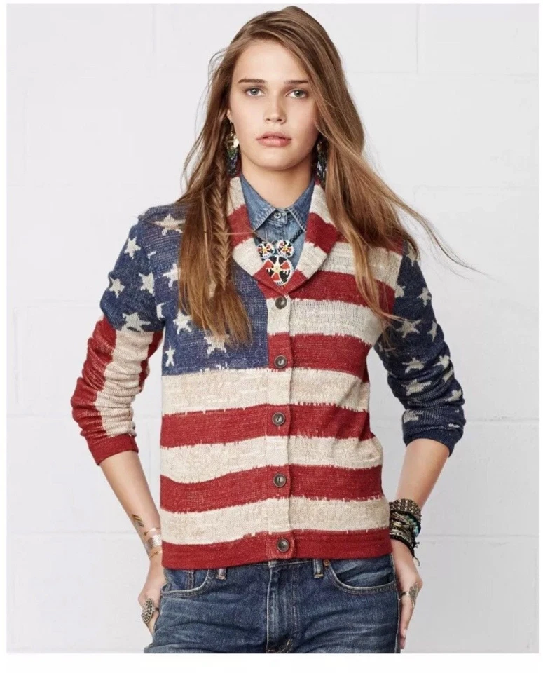 Ralph Lauren Denim & Supply Mujeres Bandera Americana Grueso Tejido Suéter Cárdigan XS