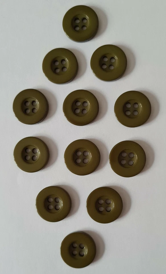 12 Olive/Khaki Green Resin Buttons Size 15mm