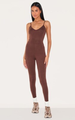 Pretty Little Thing Women's Basic Strappy Plunge Jumpsuit- Brown- (US 0)NEW