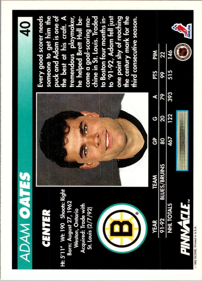 1992-93 Pinnacle - #40 Adam Oates - Image 2 of 2