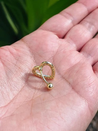 Heart 14k Solid Gold Belly Button Navel Ring w/ Genuine Diamonds Piercing Jewely - Picture 4 of 4