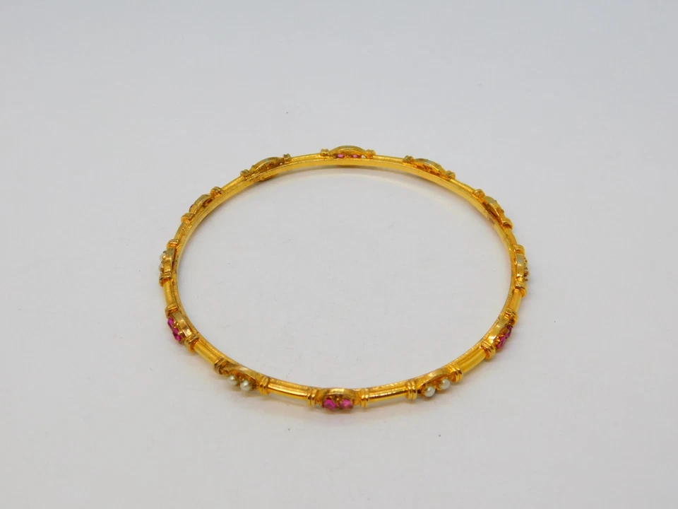 Yellow Metal, Ruby & Pearl Set Cuff Bangle Bracelet Vintage c1990 - Image 2 of 4
