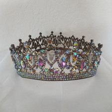 Rhinestone Tiara Crown Headpiece, Silver Tone Multicolor Iridescent AB Crystal